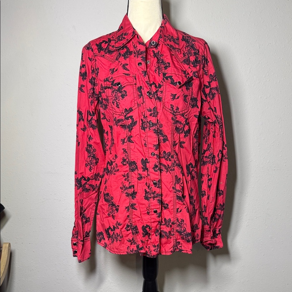 Cruel Girl Red and Black Floral Button Down Shirt